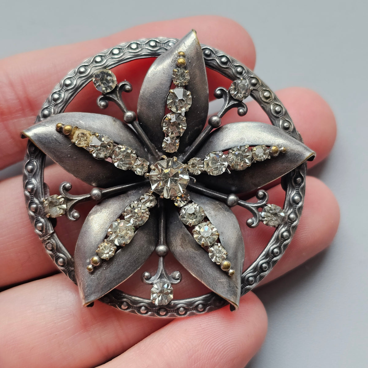 Vintage Nordic Folk Style Silver Tone Rhinestone Floral Brooch
