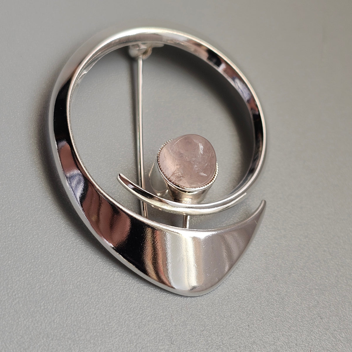 Vintage 1960s Erik Granit Finnish Silver Rose Quartz Modernist Brooch 1964
