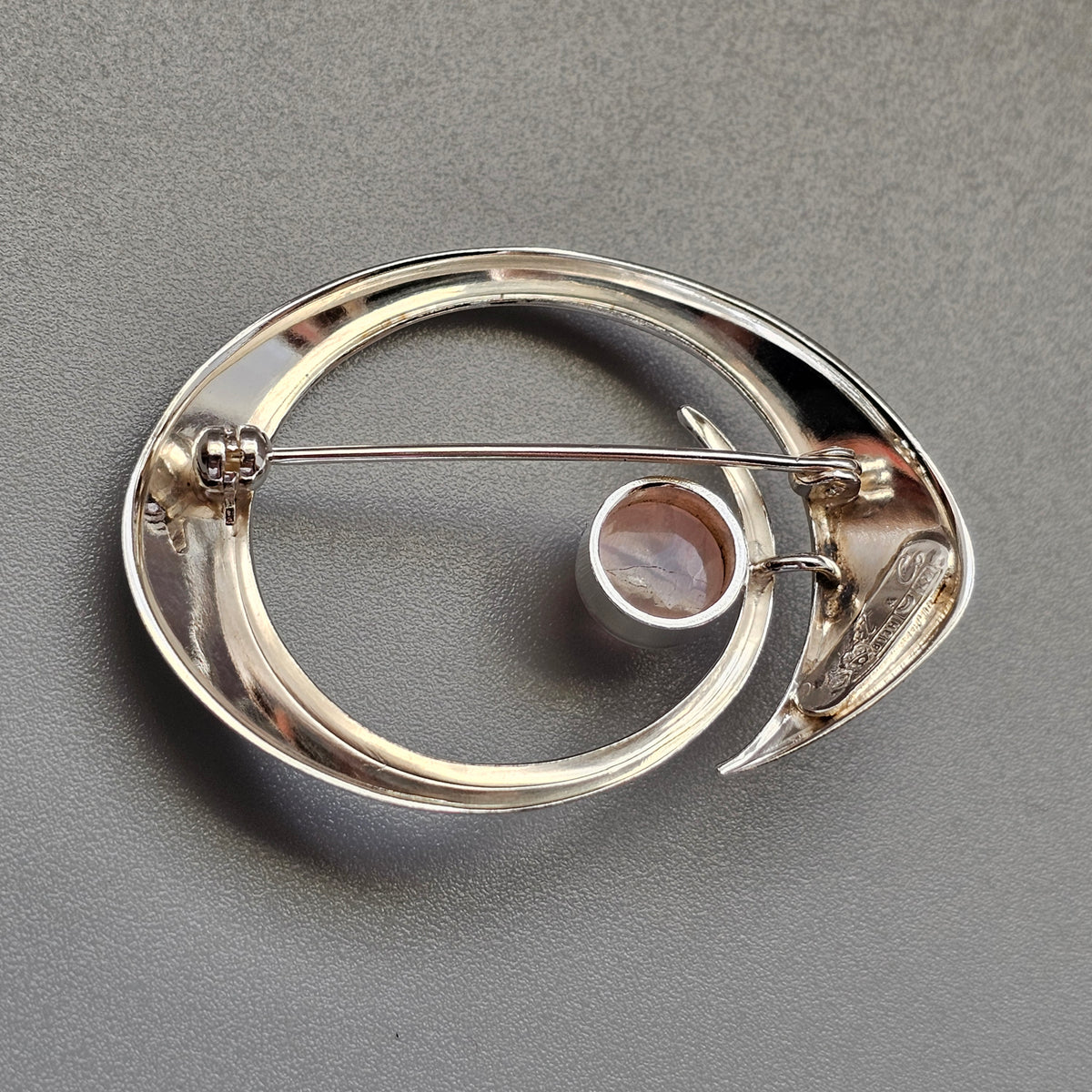 Vintage 1960s Erik Granit Finnish Silver Rose Quartz Modernist Brooch 1964