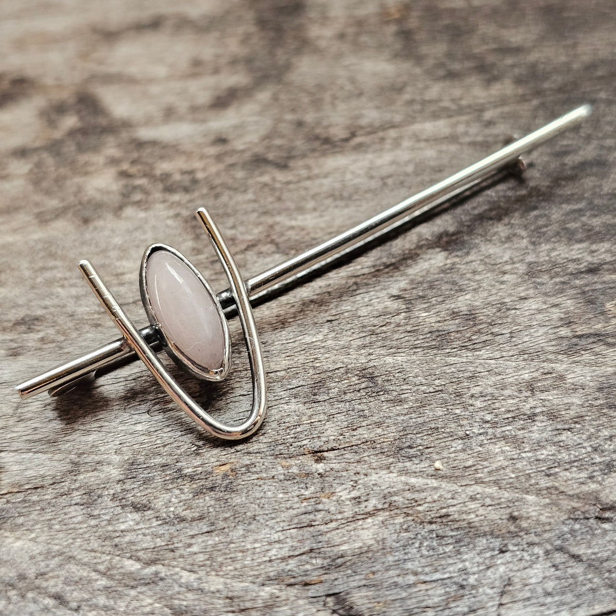 Vintage 1960s Holger Lindström Finnish Silver Rose Quartz Bar Brooch 1969