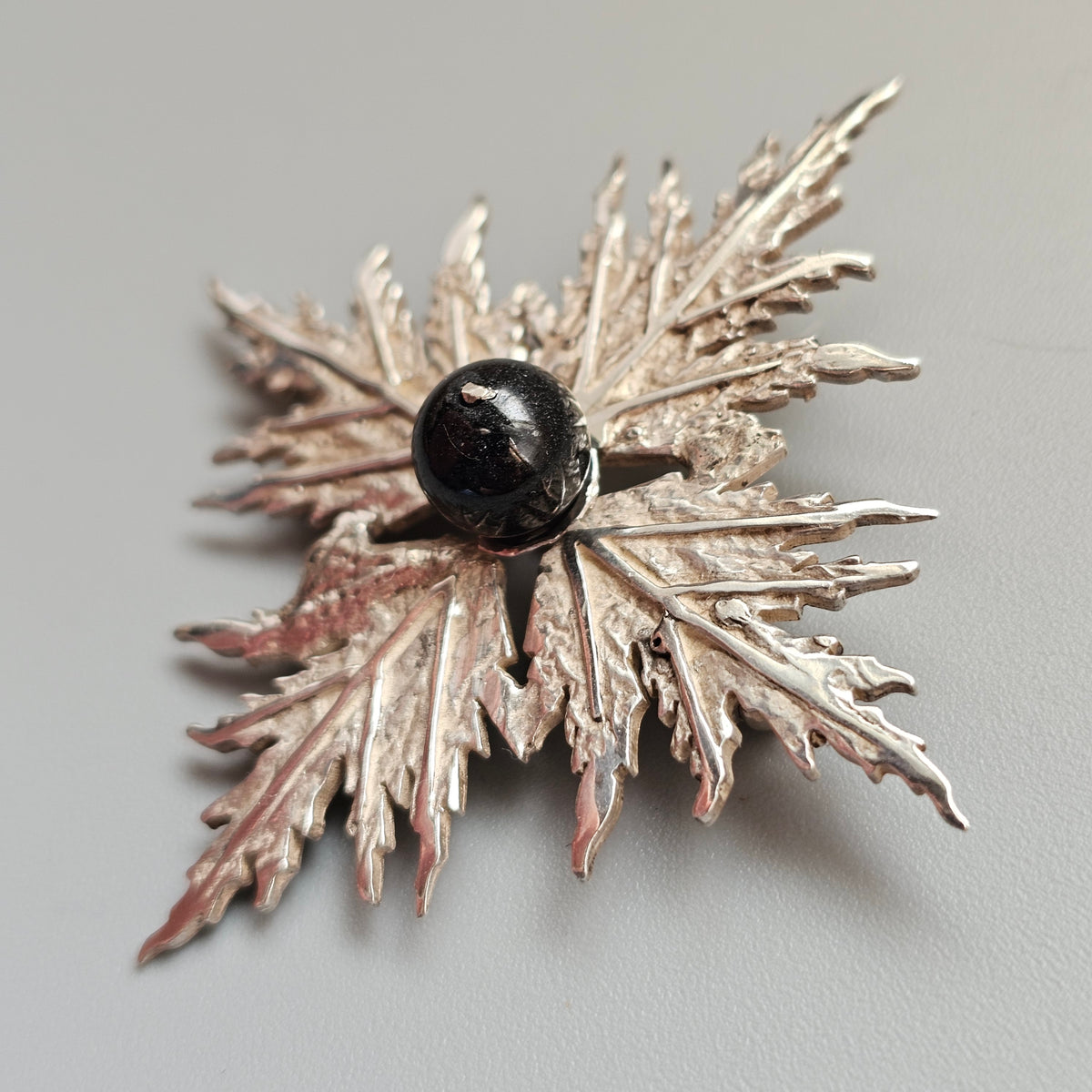 Contemporary Finnish Sterling Silver Leaf Brooch Black Stone by Nunatak