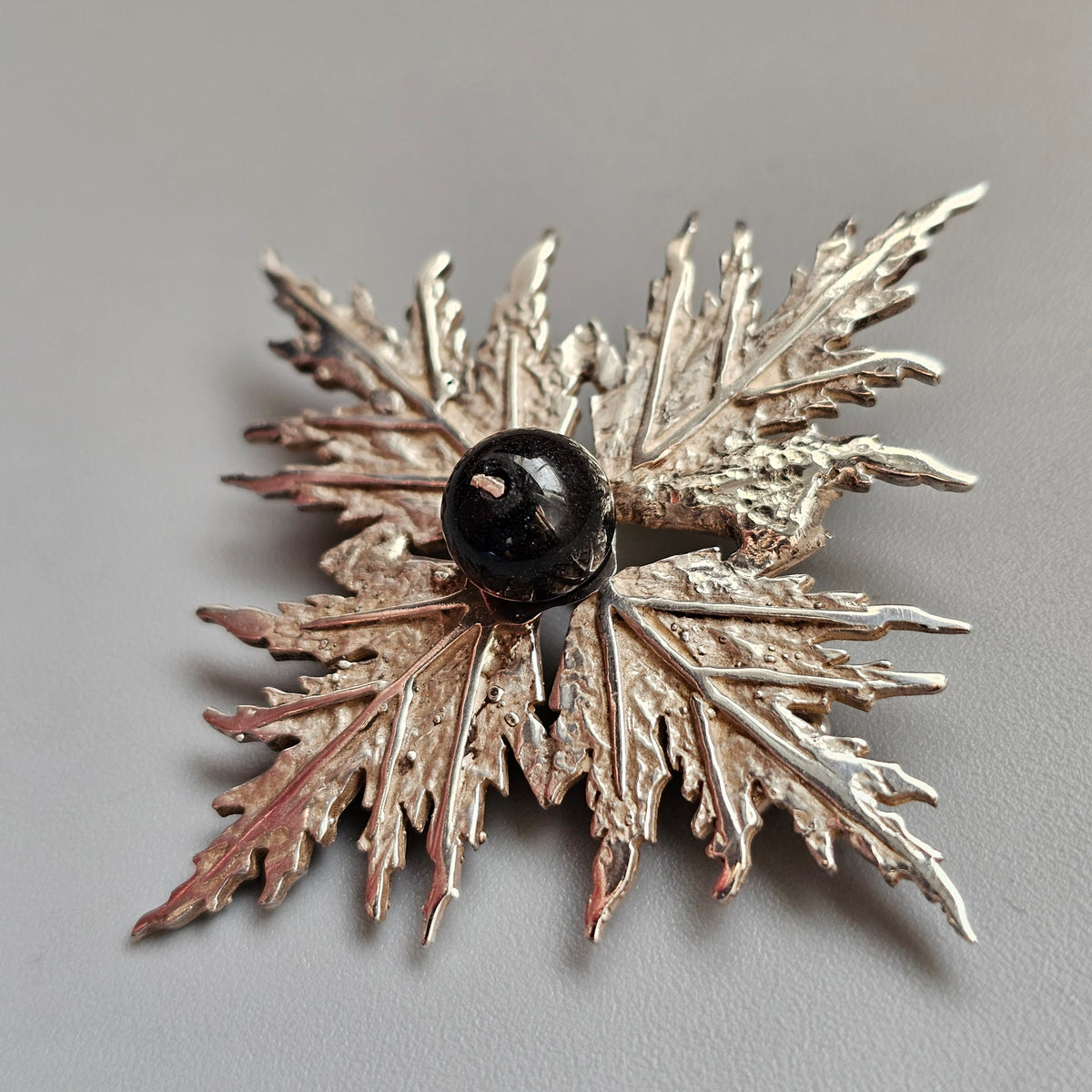 Contemporary Finnish Sterling Silver Leaf Brooch Black Stone by Nunatak