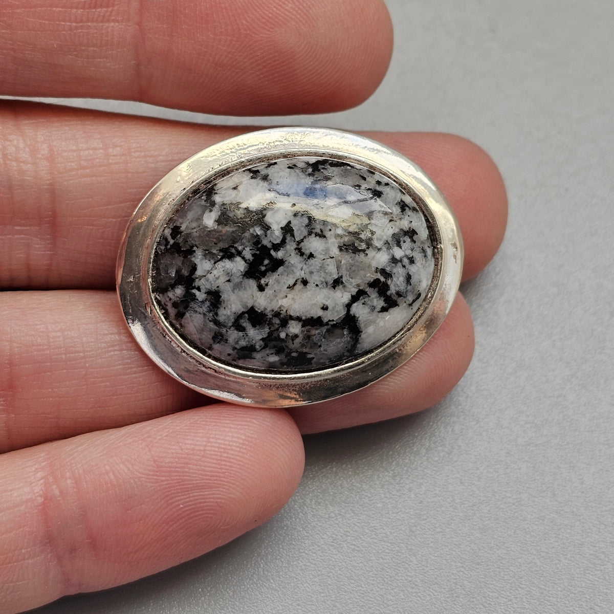 Vintage Oval Finnish Sterling Silver Grey Granite Brooch 2004
