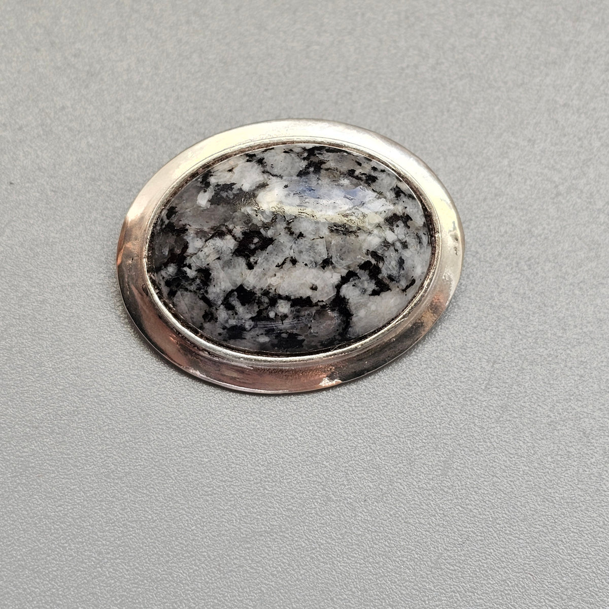 Vintage Oval Finnish Sterling Silver Grey Granite Brooch 2004