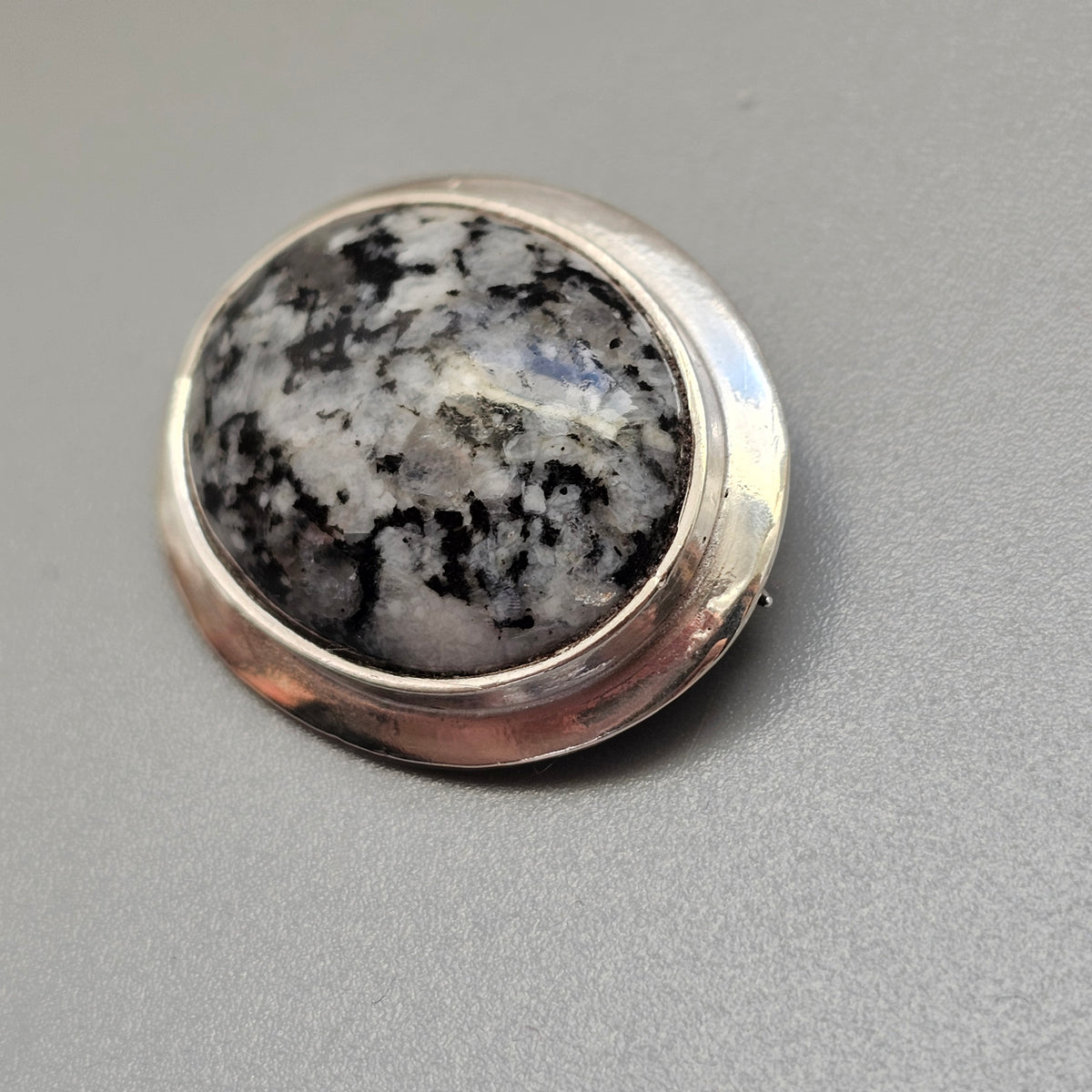Vintage Oval Finnish Sterling Silver Grey Granite Brooch 2004