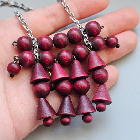 Vintage 1970s Ibero Finland Burgundy Red Wooden Bead Dangle Necklace