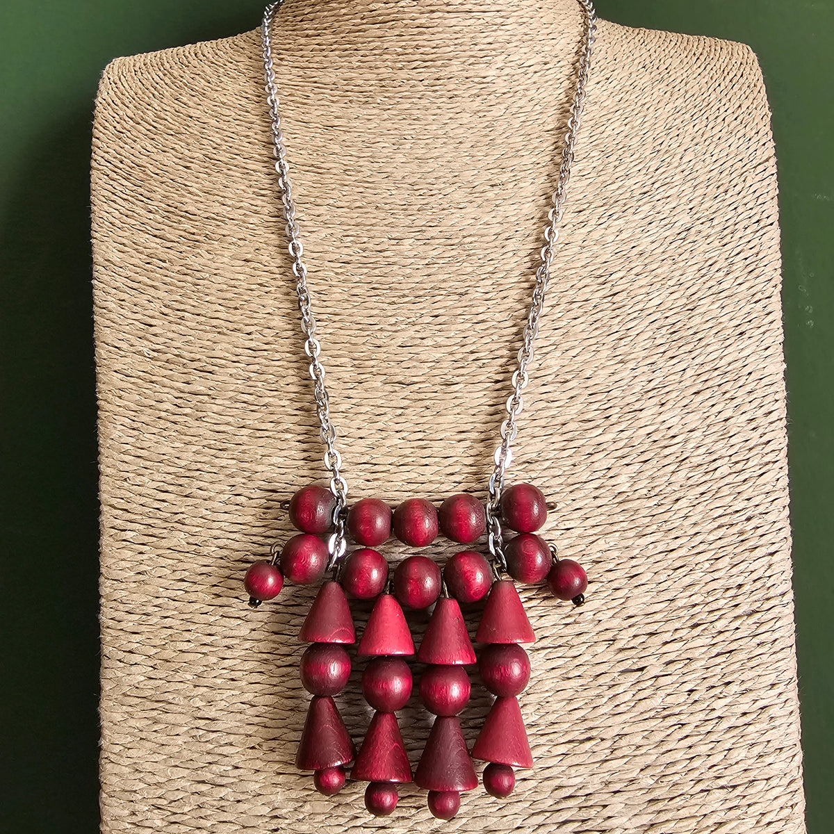 Vintage 1970s Ibero Finland Burgundy Red Wooden Bead Dangle Necklace