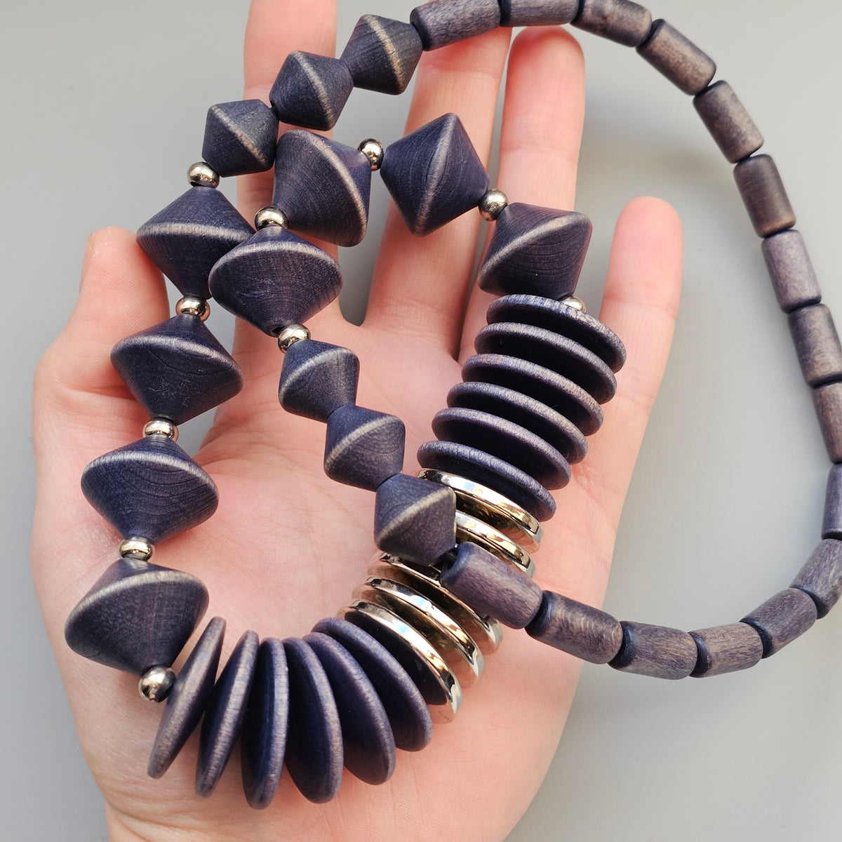 Vintage 1990s Aarikka Finland Navy Blue Wooden Beaded Necklace