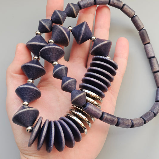 Vintage 1990s Aarikka Finland Navy Blue Wooden Beaded Necklace