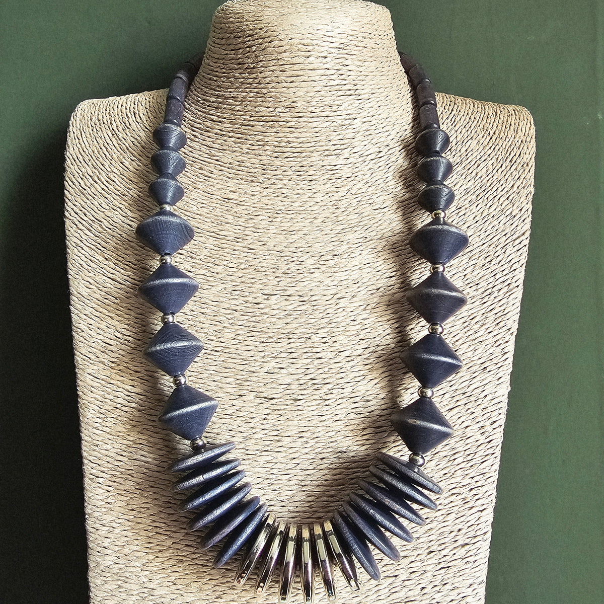 Vintage 1990s Aarikka Finland Navy Blue Wooden Beaded Necklace