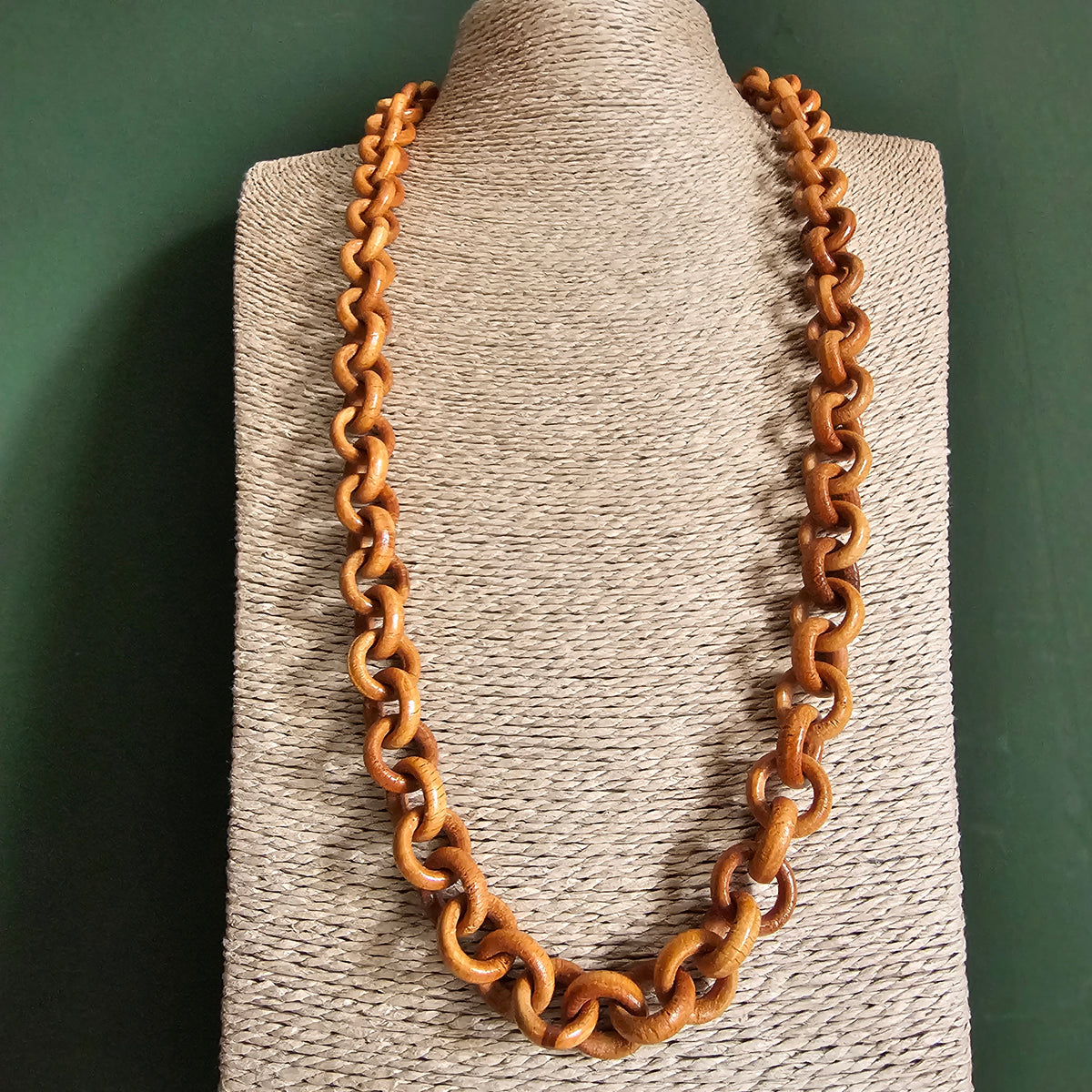 Vintage Carved Interlocking Lacquered Wooden Chain Necklace