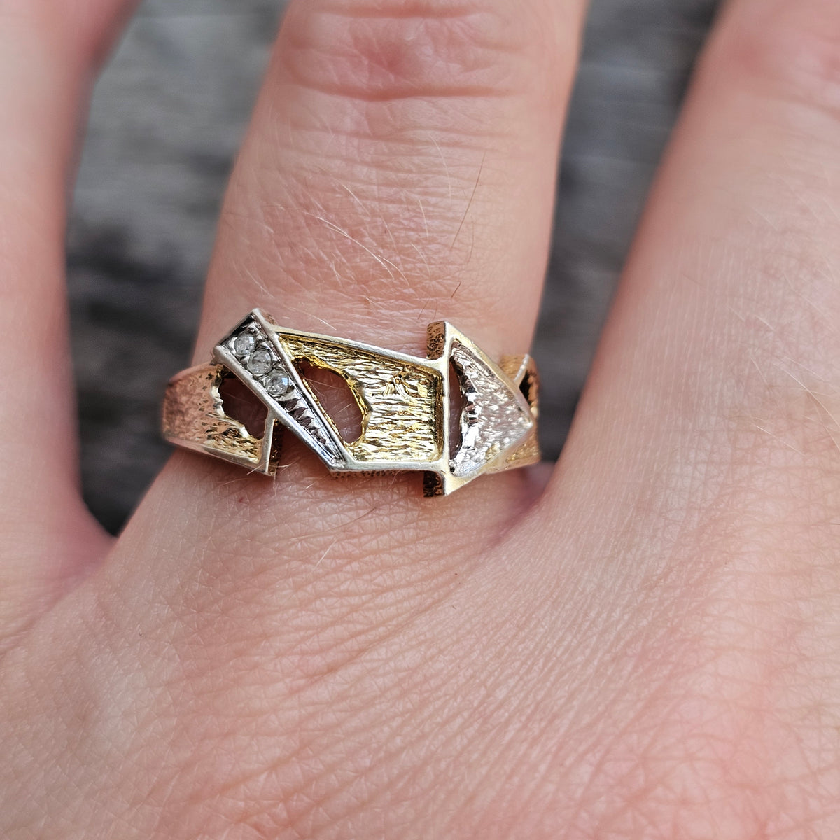 Contemporary Finnish Sterling Silver Diamond Ring Gold Plate Detail