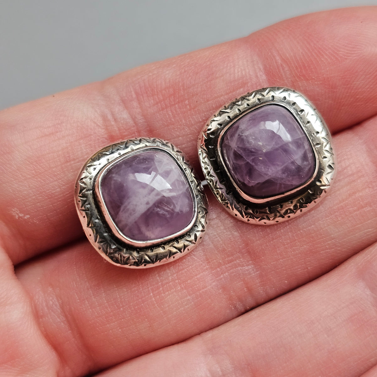 Vintage 1950s Kääty Oy Finnish Silver Amethyst Modernist Stud Earrings