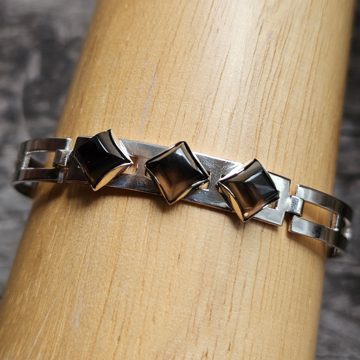 Vintage 1960s Turun Hopea Finnish Silver Smoky Quartz Modernist Bangle 1966