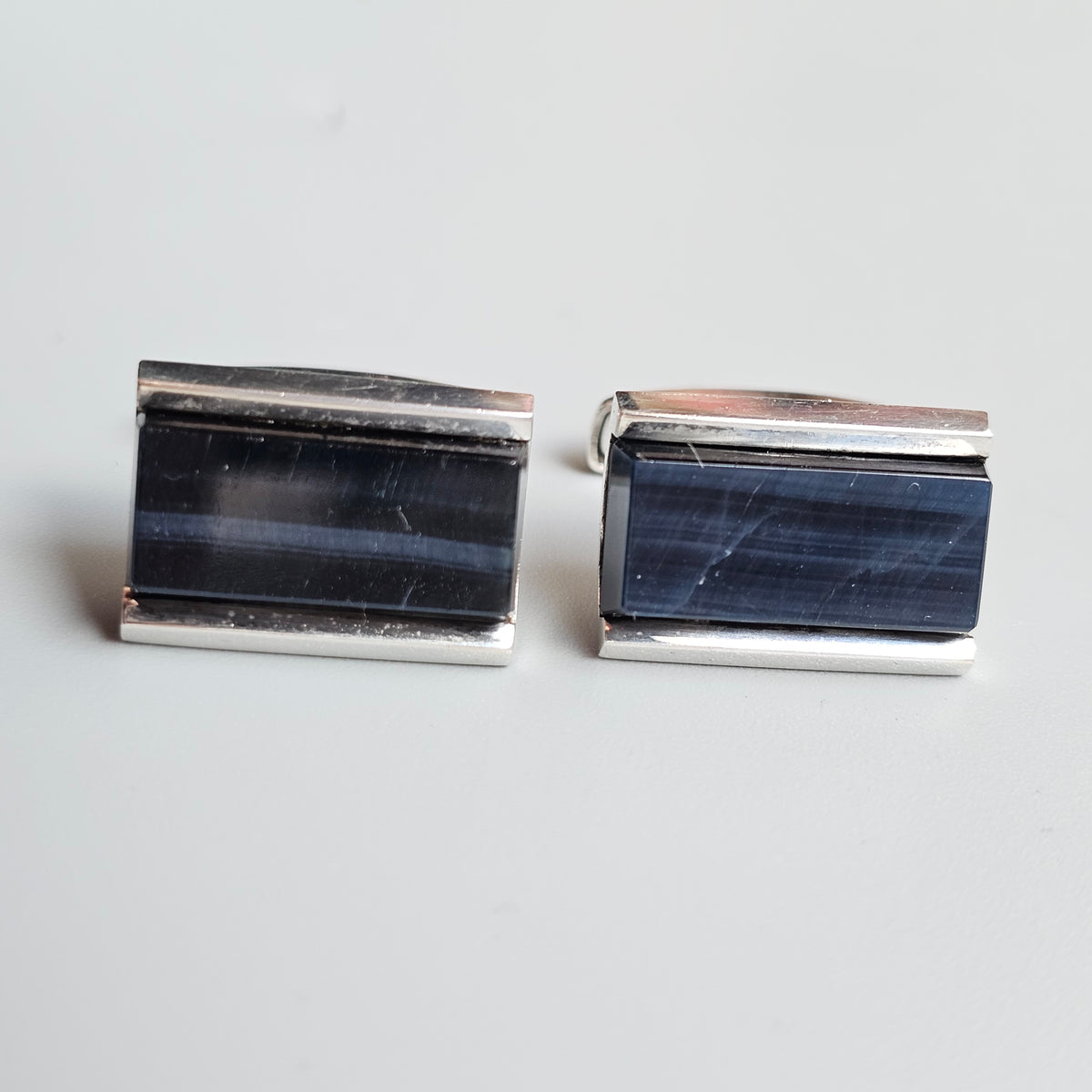 Vintage 1960s Finnish Silver Blue Tiger's Eye Cufflinks by Rauno Oma Mättö 1968