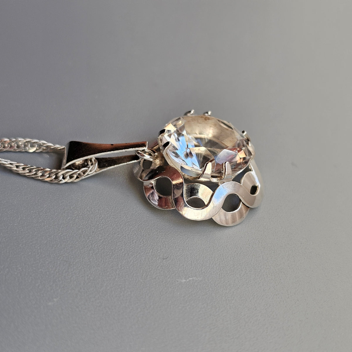 Vintage Finnish Modernist Sterling Silver Rock Crystal Necklace by Kultaseppä Salovaara