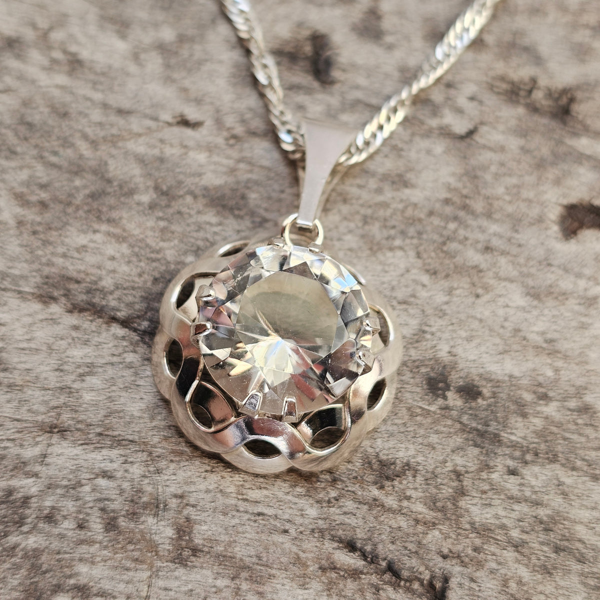 Vintage Finnish Modernist Sterling Silver Rock Crystal Necklace by Kultaseppä Salovaara
