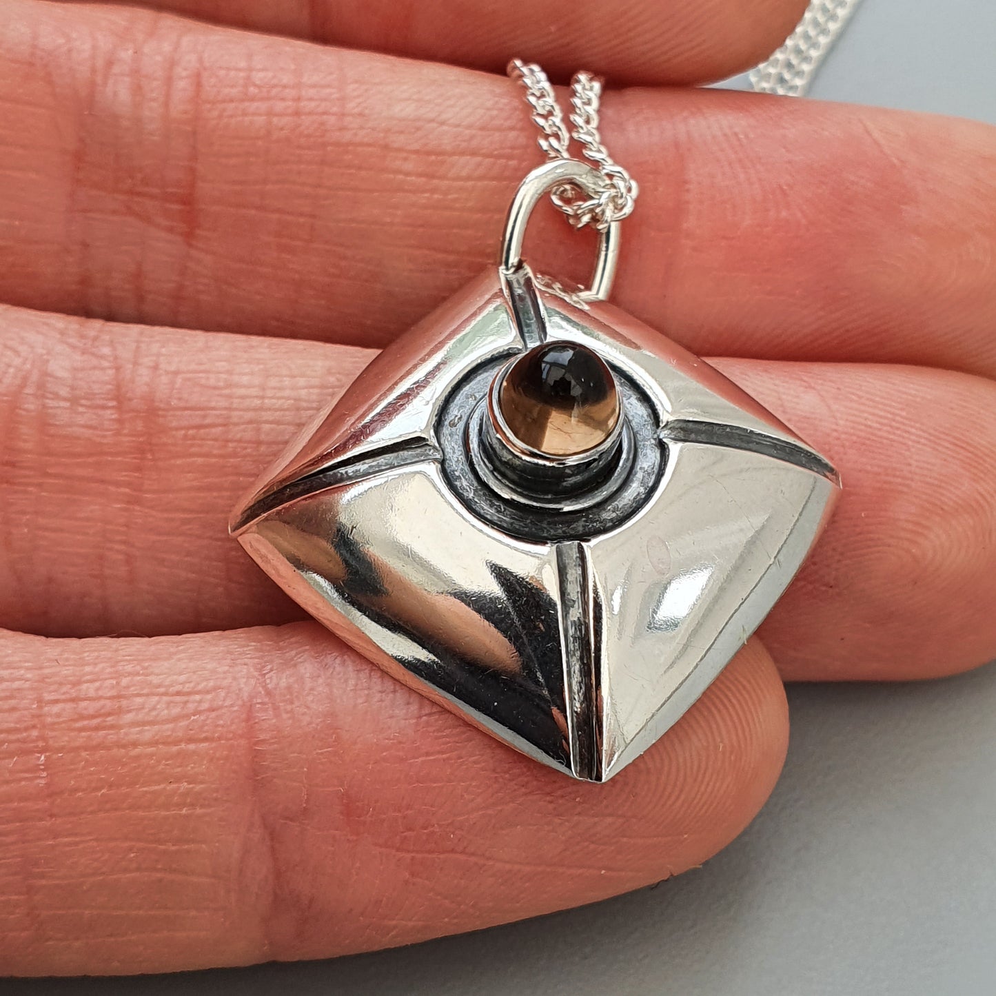 60s Finnish Modernist Silver & Smokey Quartz Necklace Pendant