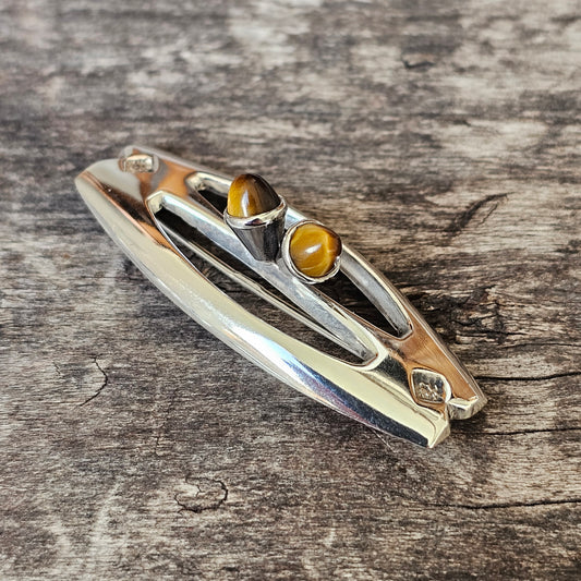 Vintage Finnish Silver & Tigers Eye Brooch Made In Finland 1960s 1970s
