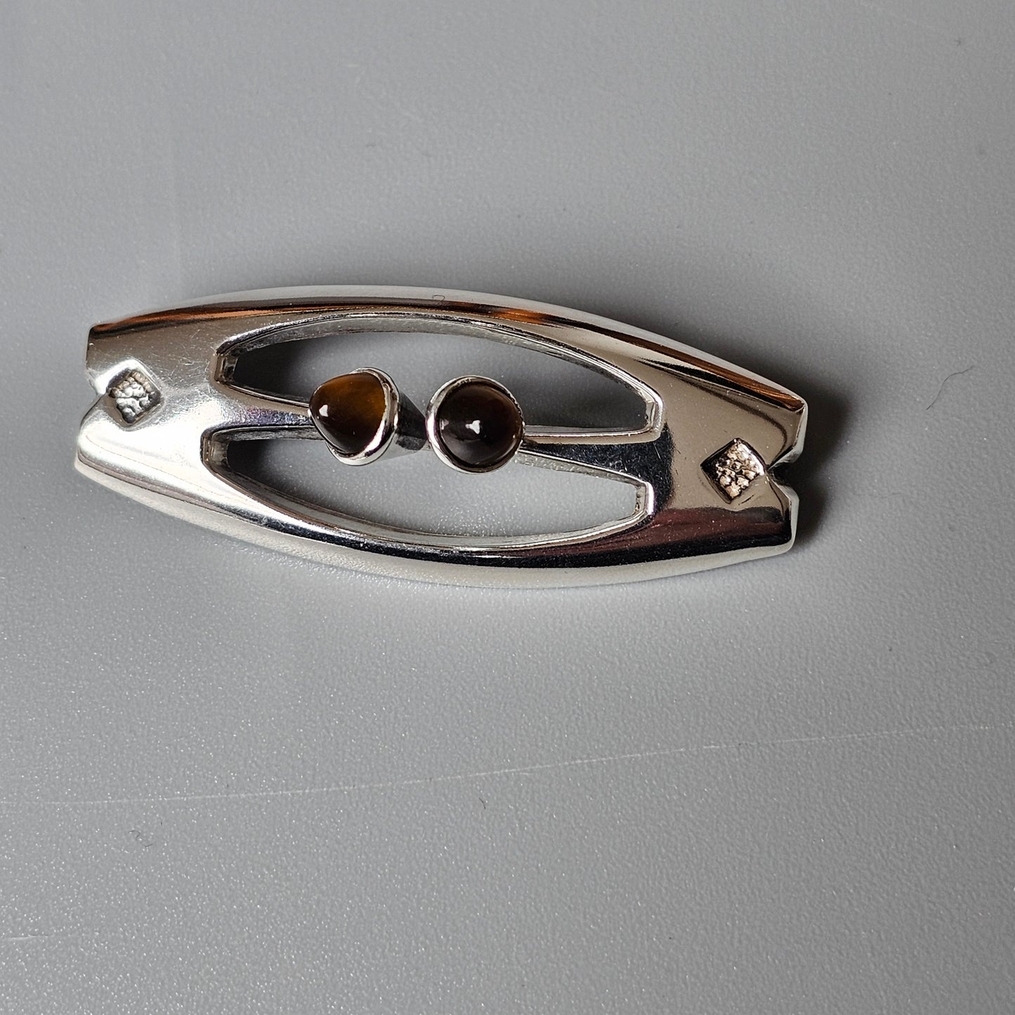 Vintage Finnish Silver & Tigers Eye Brooch Made In Finland 1960s 1970s