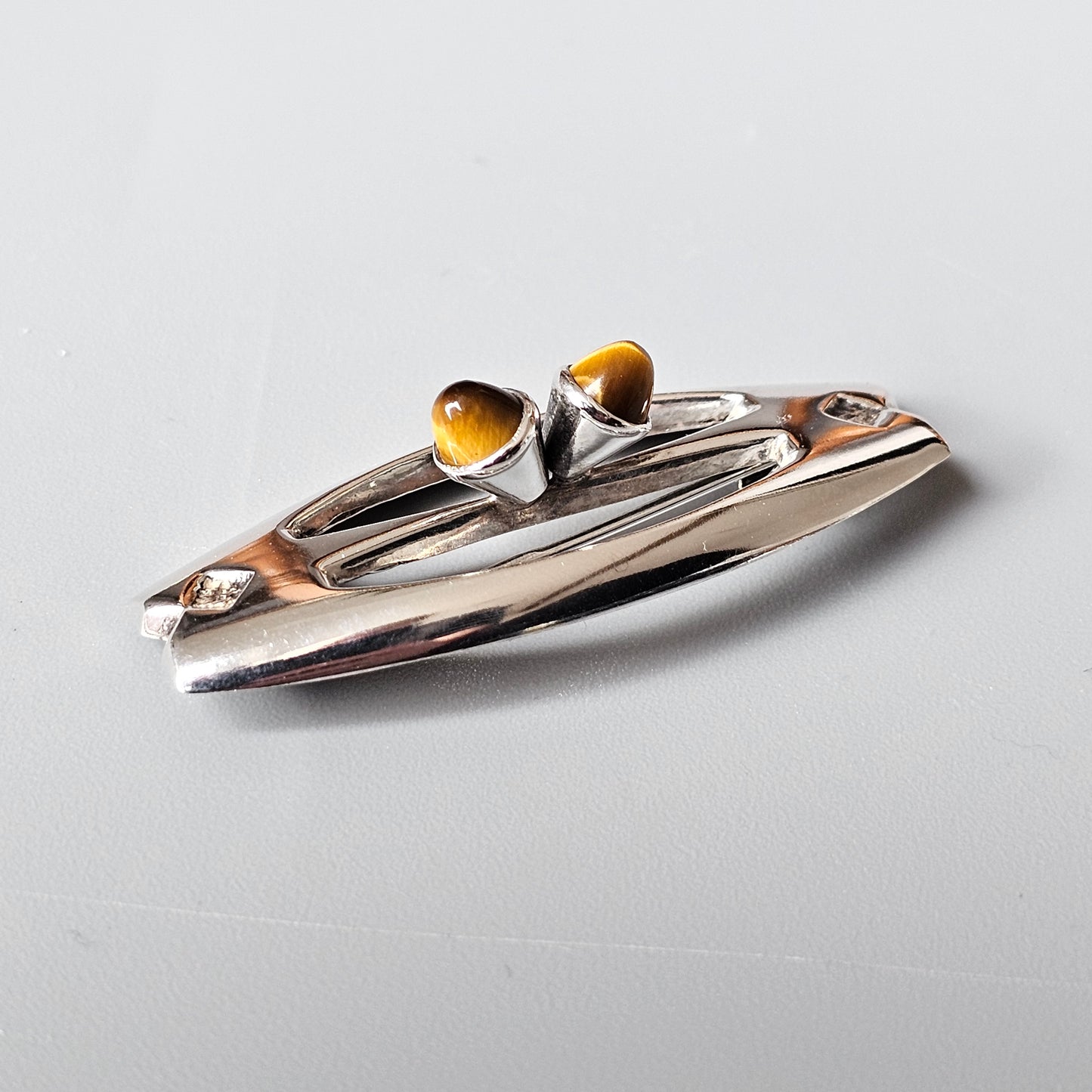 Vintage Finnish Silver & Tigers Eye Brooch Made In Finland 1960s 1970s