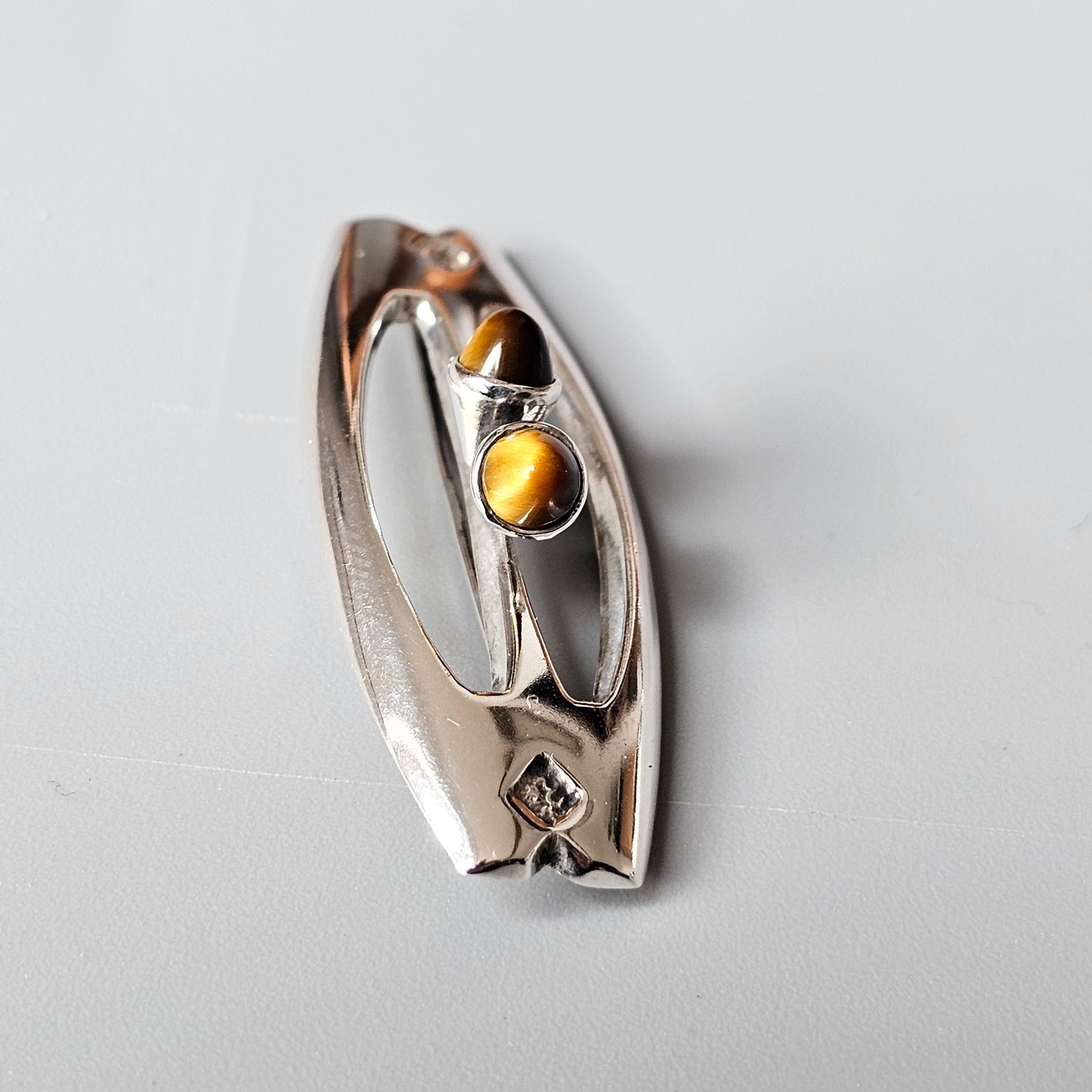 Vintage Finnish Silver & Tigers Eye Brooch Made In Finland 1960s 1970s