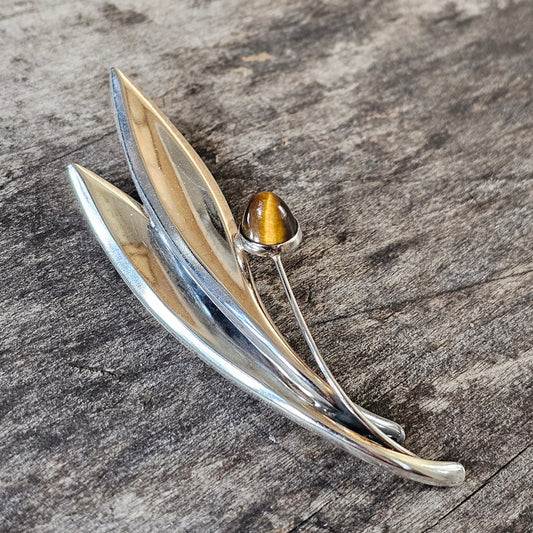 Vintage 60s Modernist Silver Tiger's Eye Flower Brooch Elis Kauppi Kupittaan Kulta 1966