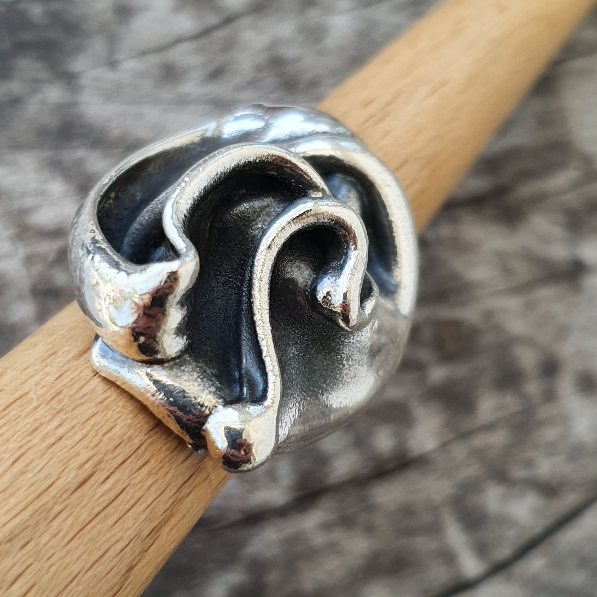 Silver ring with a stylized cat design on a dark background.