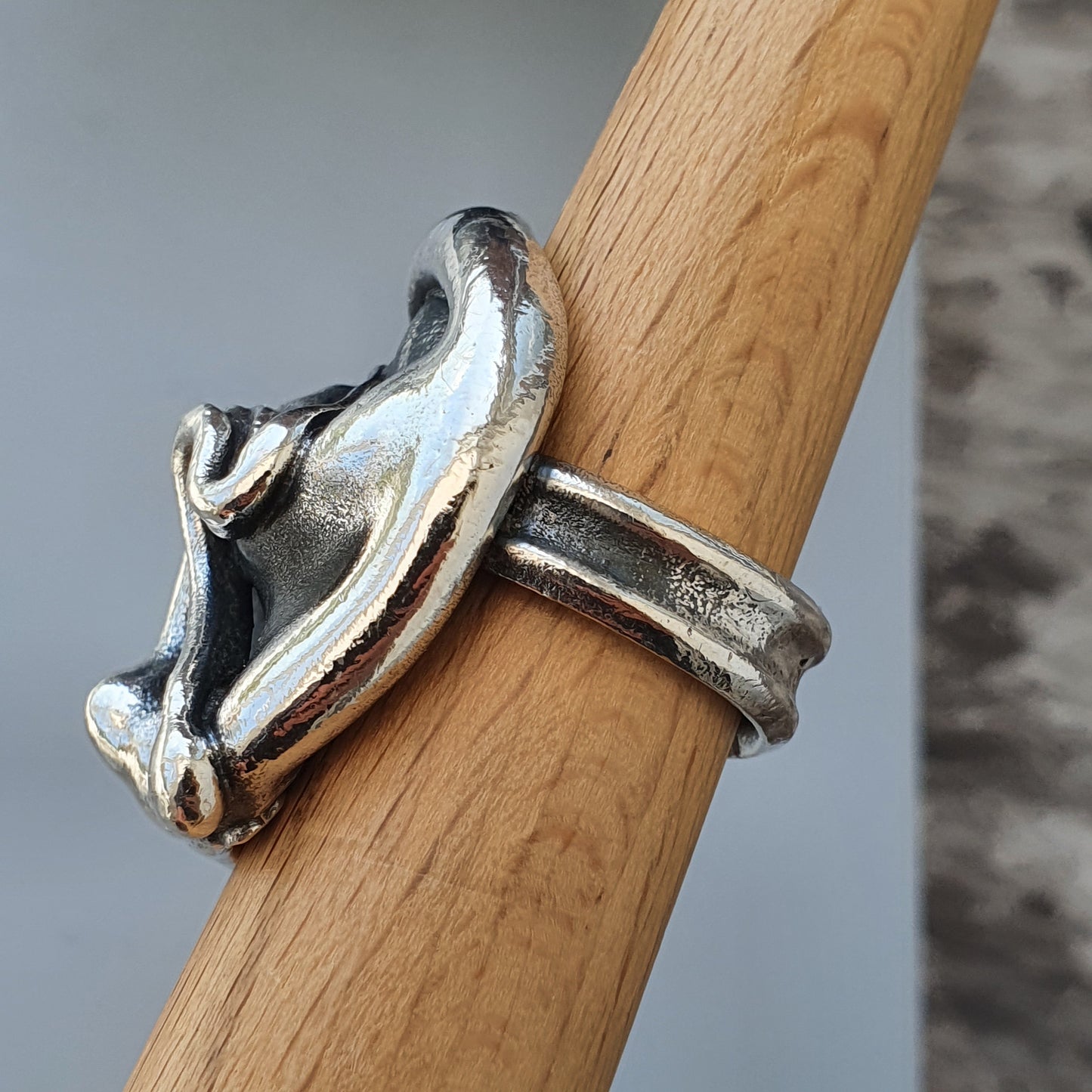 Silver ring shaped like a frog wrapped around a wooden surface.