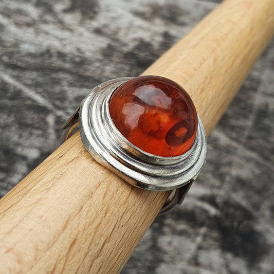 Vintage Modernist Scandinavian Silver & Baltic Amber Ring