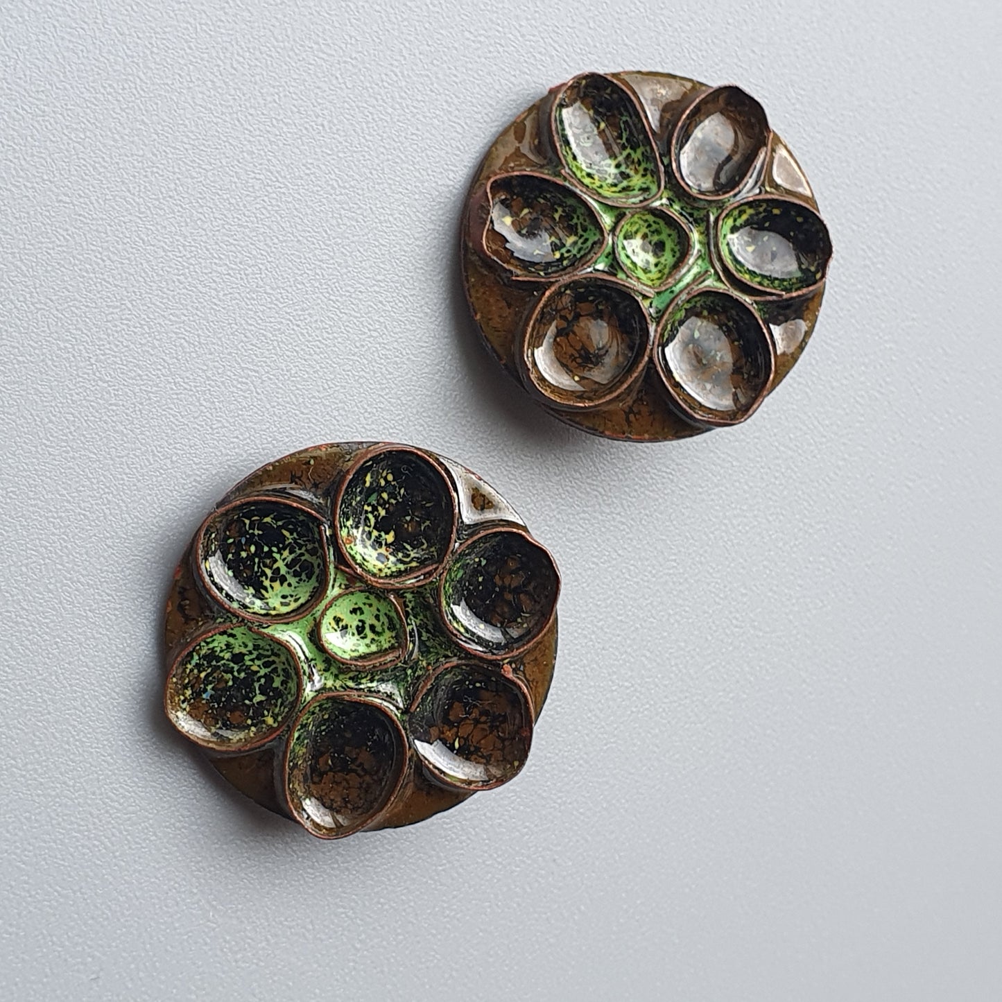 Two oyster shells with multiple compartments containing green and dark substances.