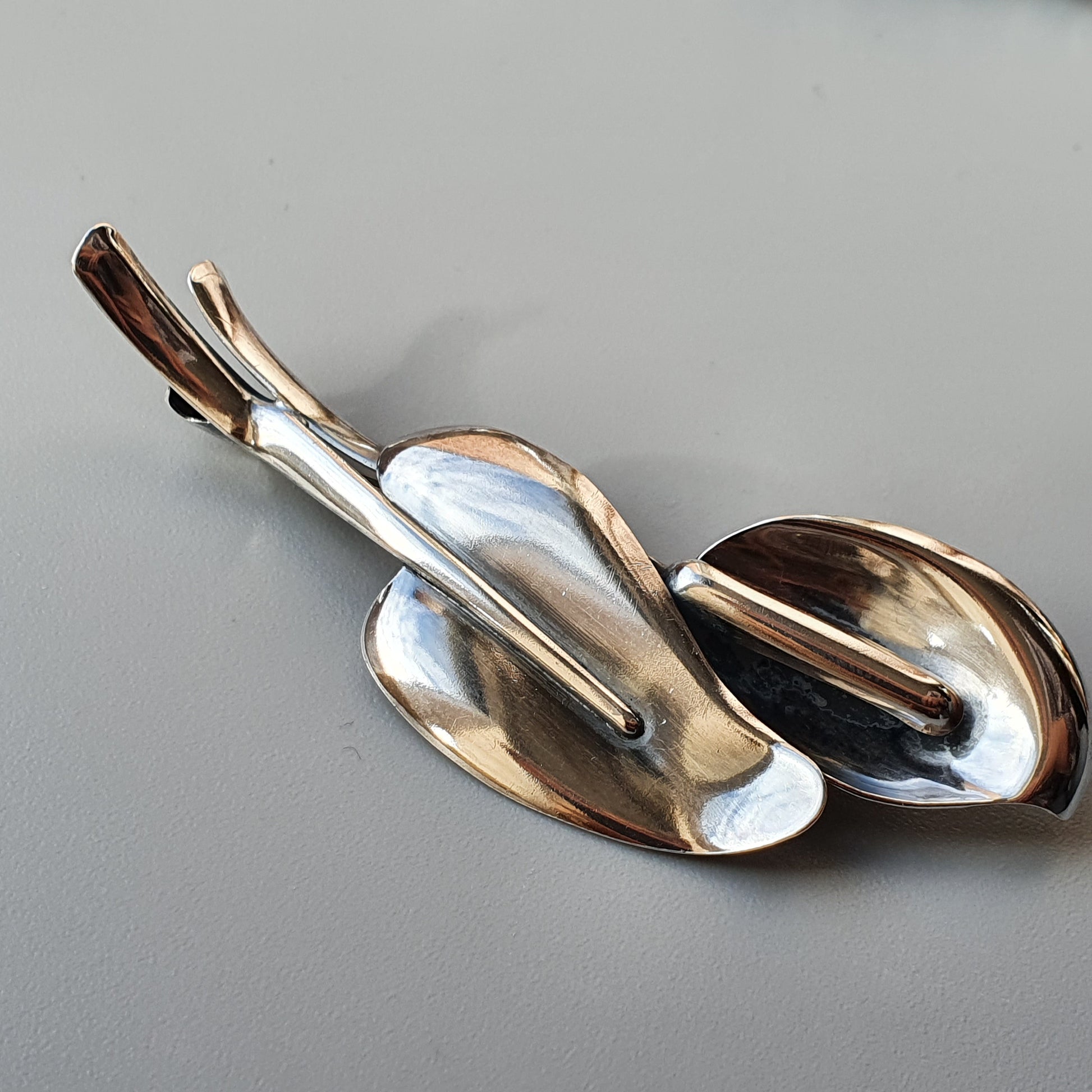 Silver serving spoon with a twisted handle.