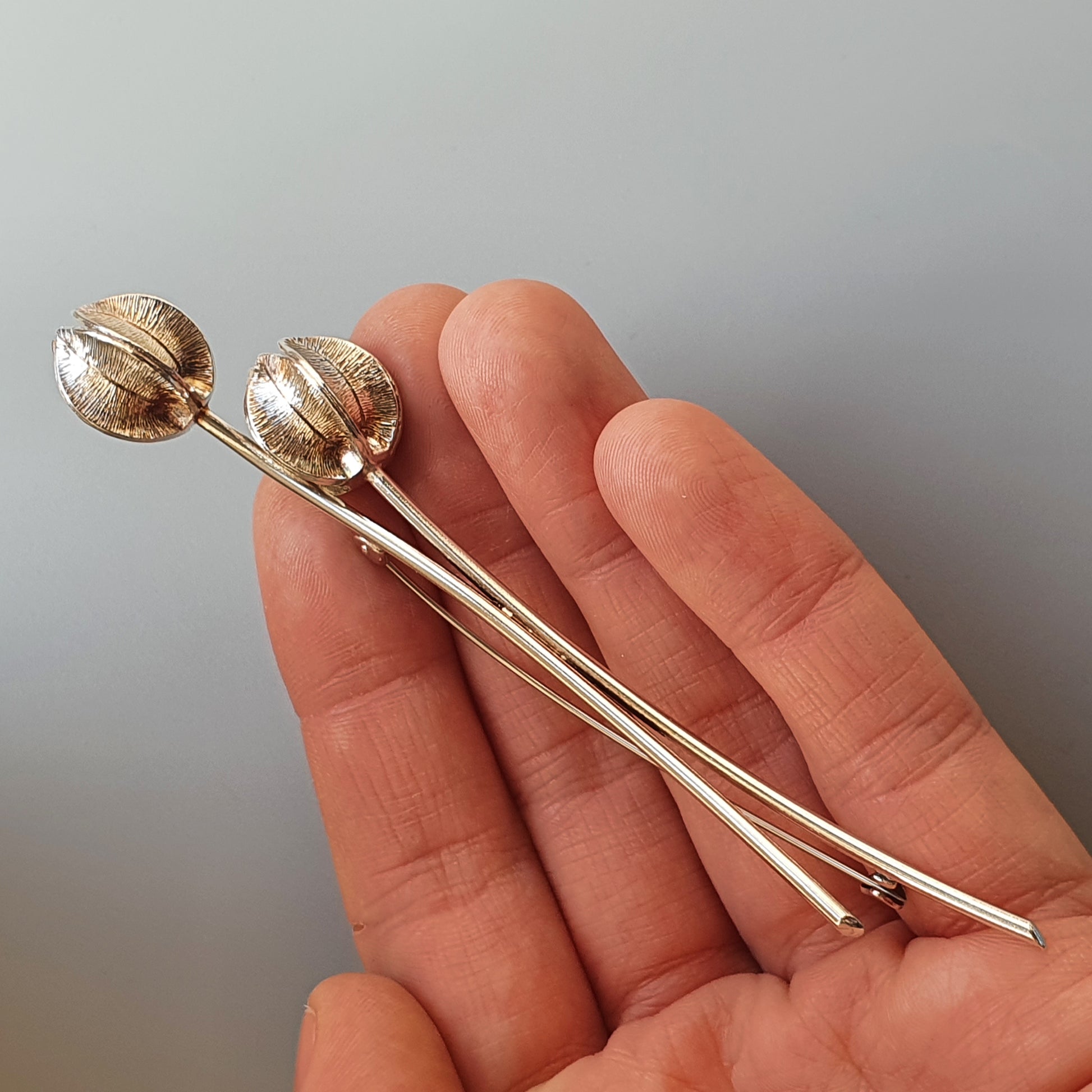 Pair of silver earrings with textured spherical ends on long stems.