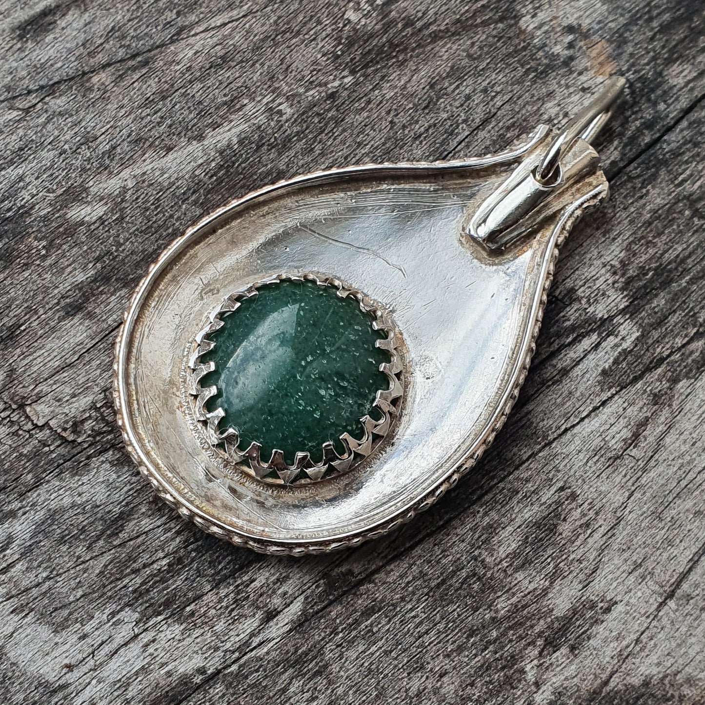 Quirky Vintage Silver & Aventurine Necklace Pendant Upcycled Antique Silver