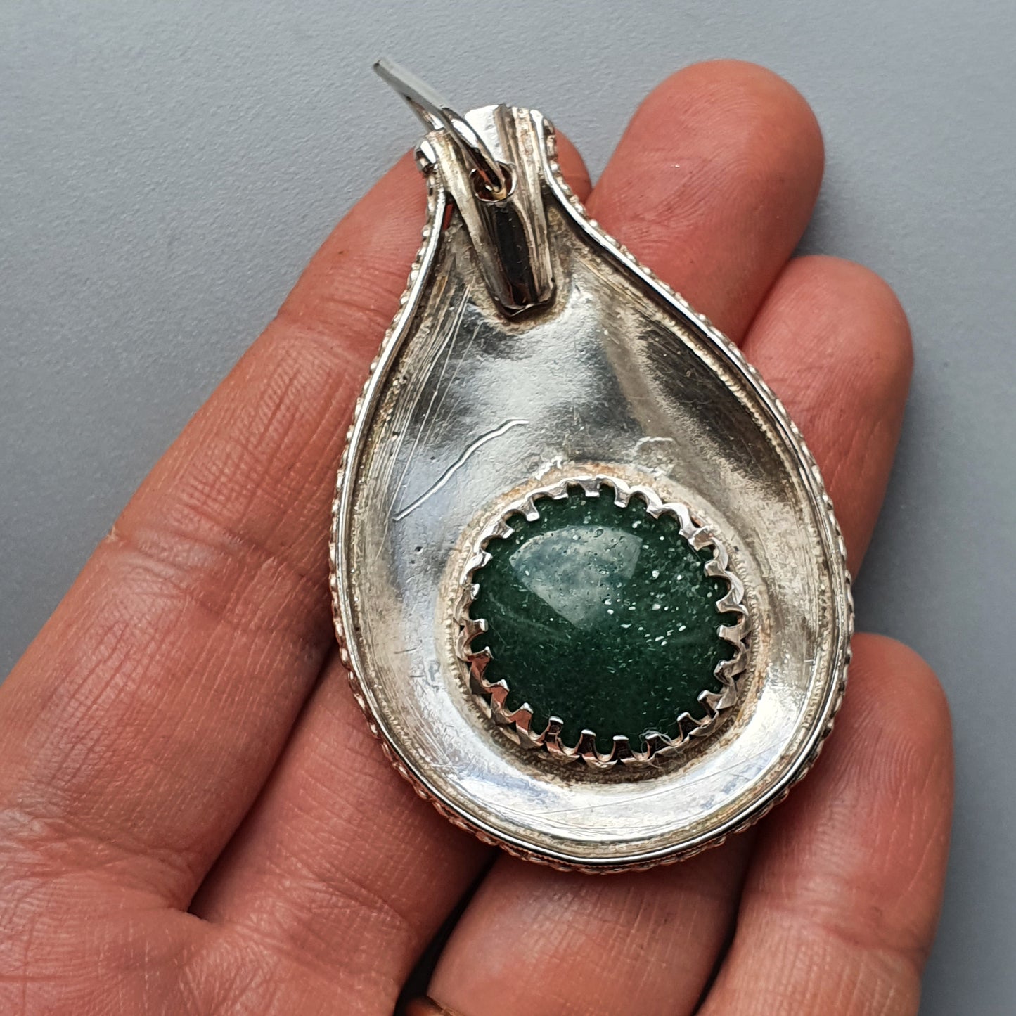 Quirky Vintage Silver & Aventurine Necklace Pendant Upcycled Antique Silver