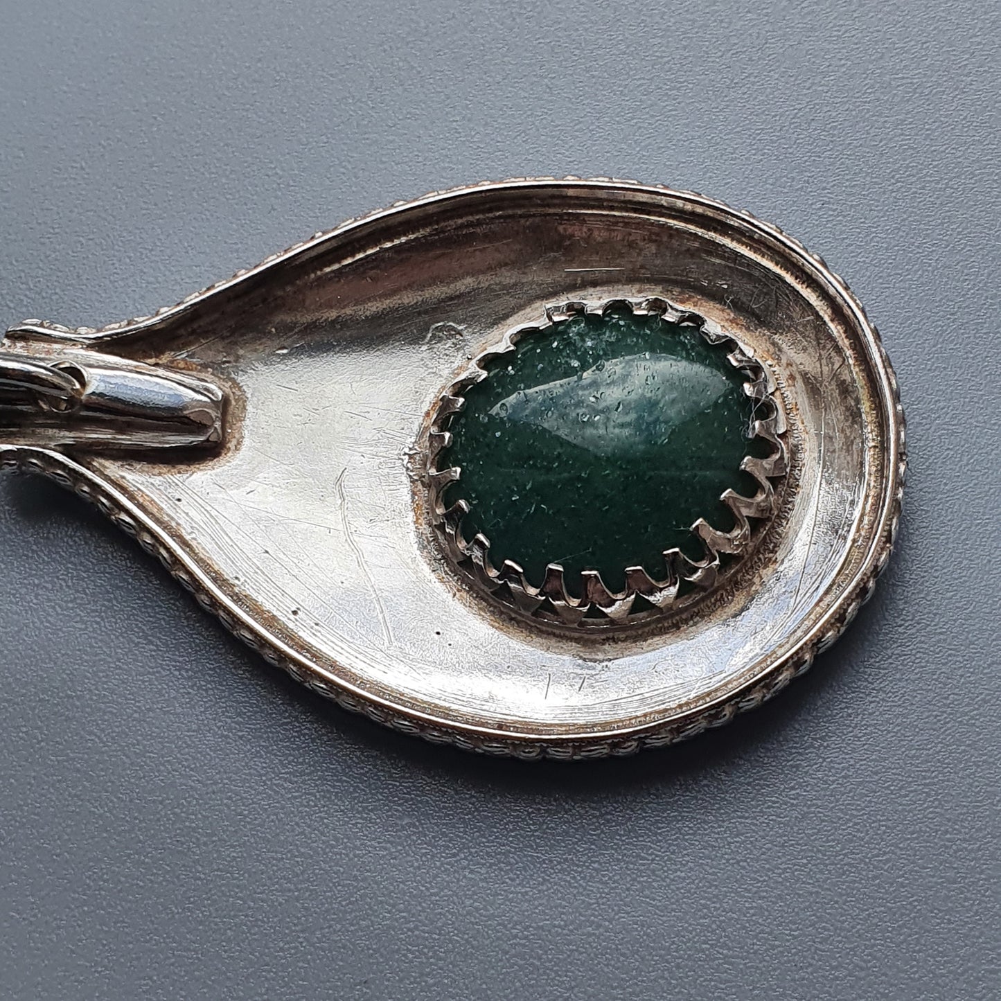 Quirky Vintage Silver & Aventurine Necklace Pendant Upcycled Antique Silver