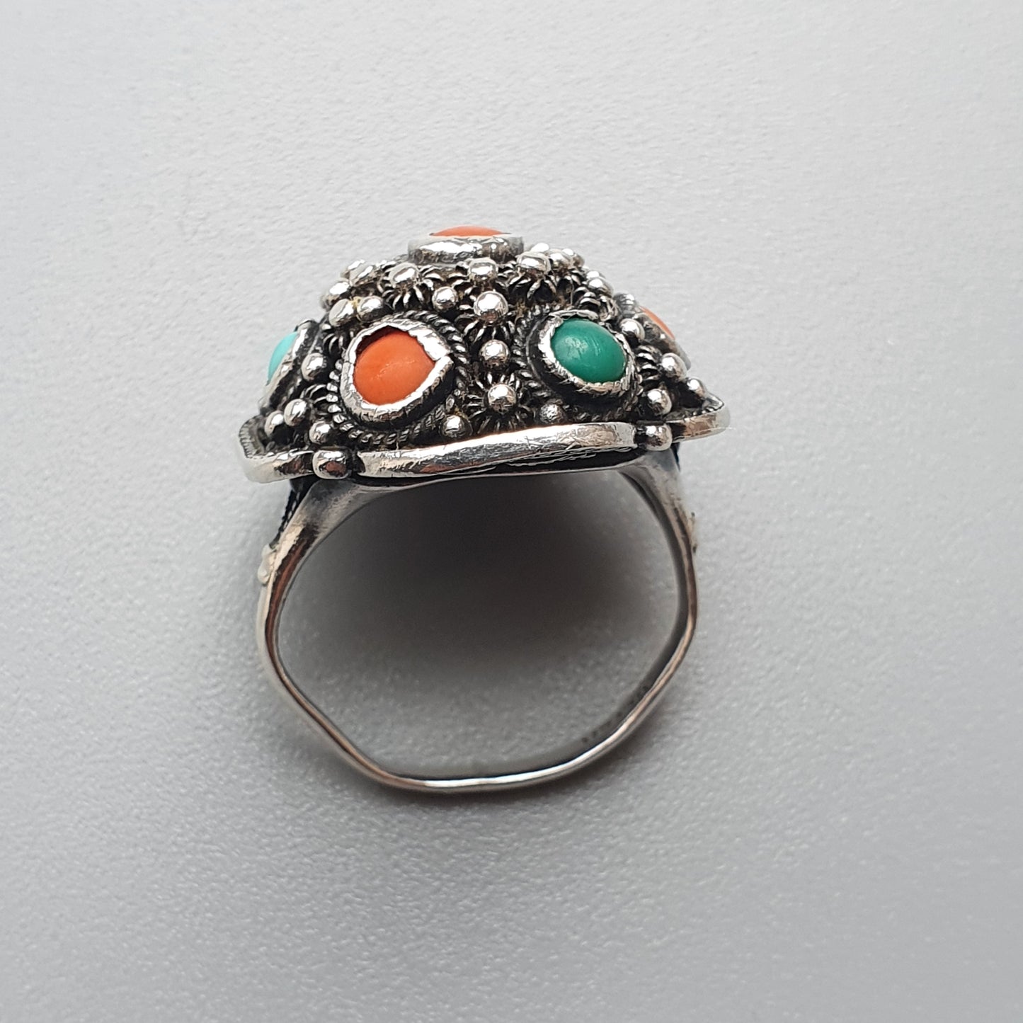 Antique Silver, Turquoise & Coral Silver Cannetille Filigree Ring