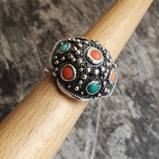 Antique Silver, Turquoise & Coral Silver Cannetille Filigree Ring