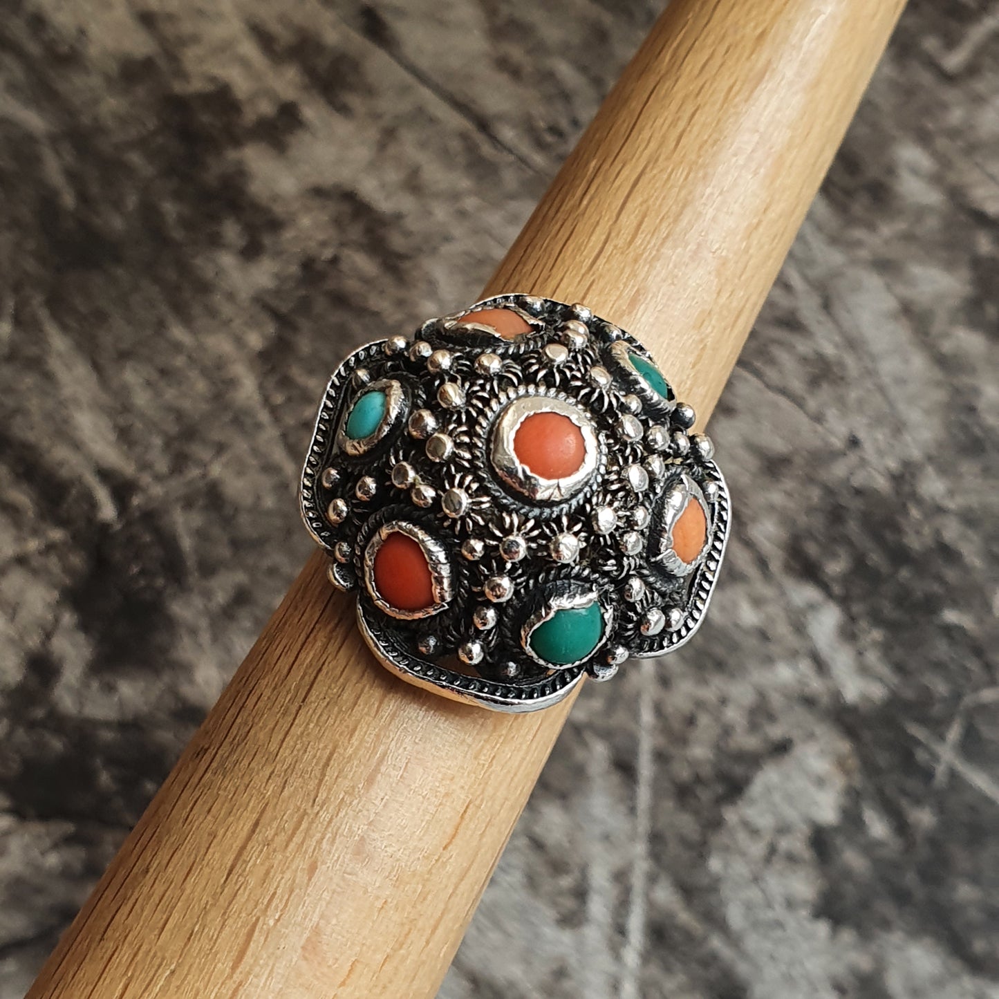 Antique Silver, Turquoise & Coral Silver Cannetille Filigree Ring