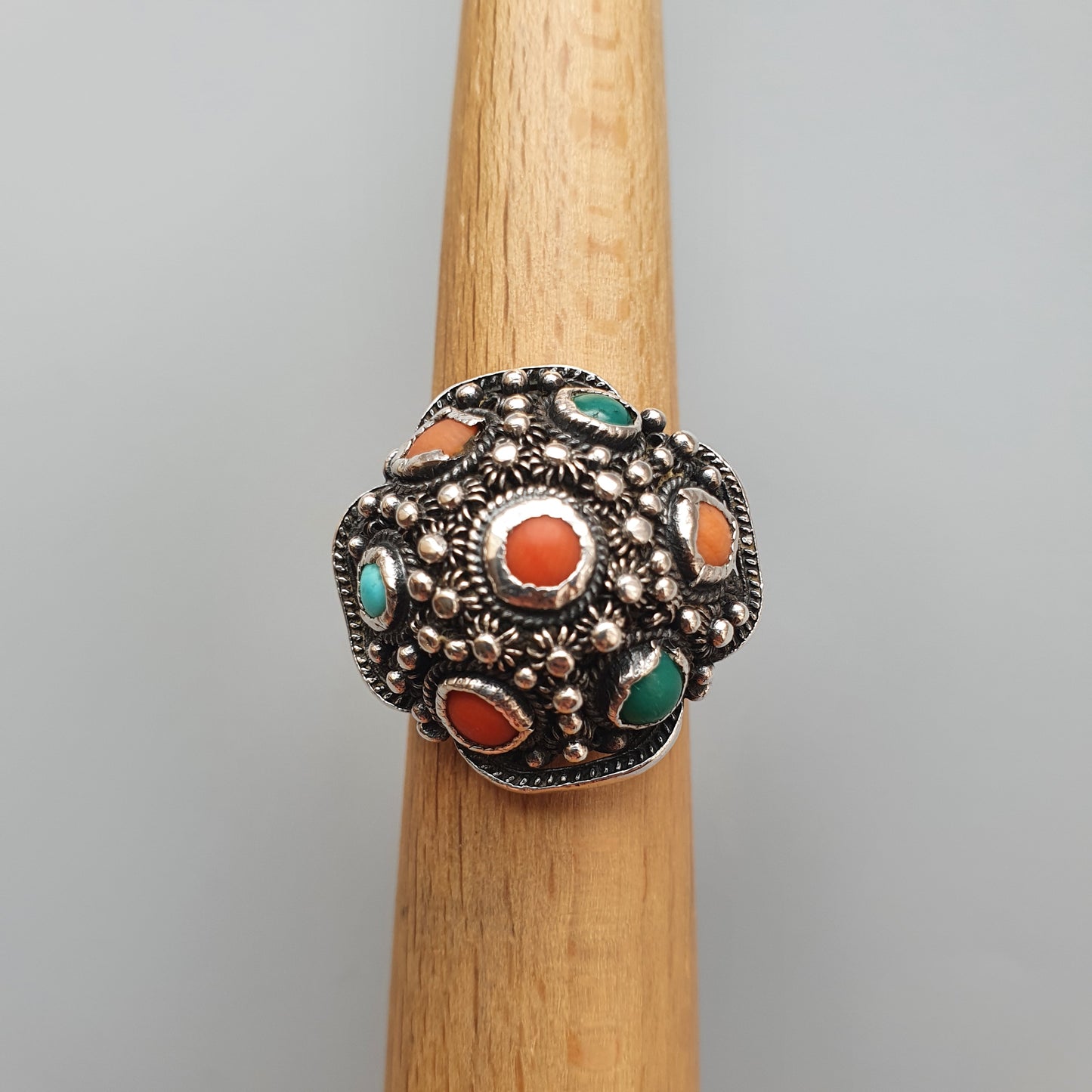 Antique Silver, Turquoise & Coral Silver Cannetille Filigree Ring