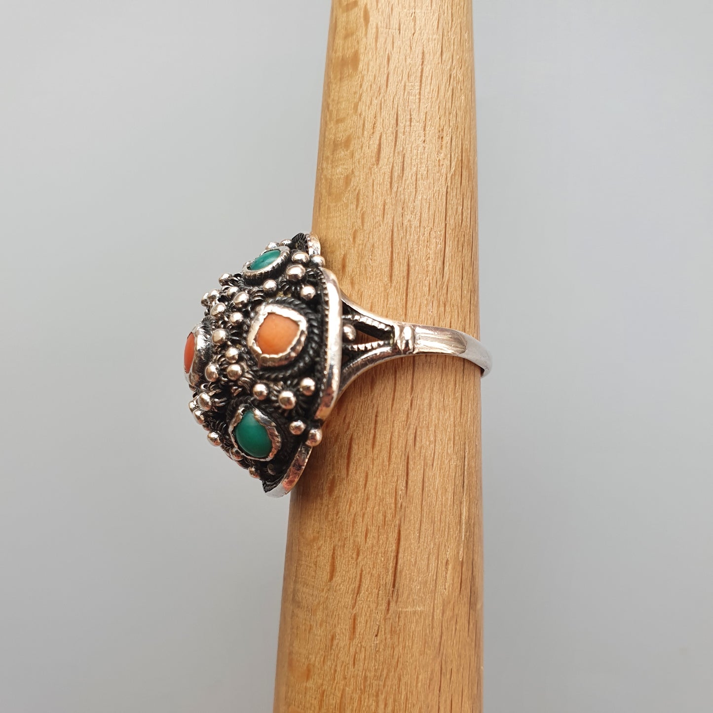 Antique Silver, Turquoise & Coral Silver Cannetille Filigree Ring