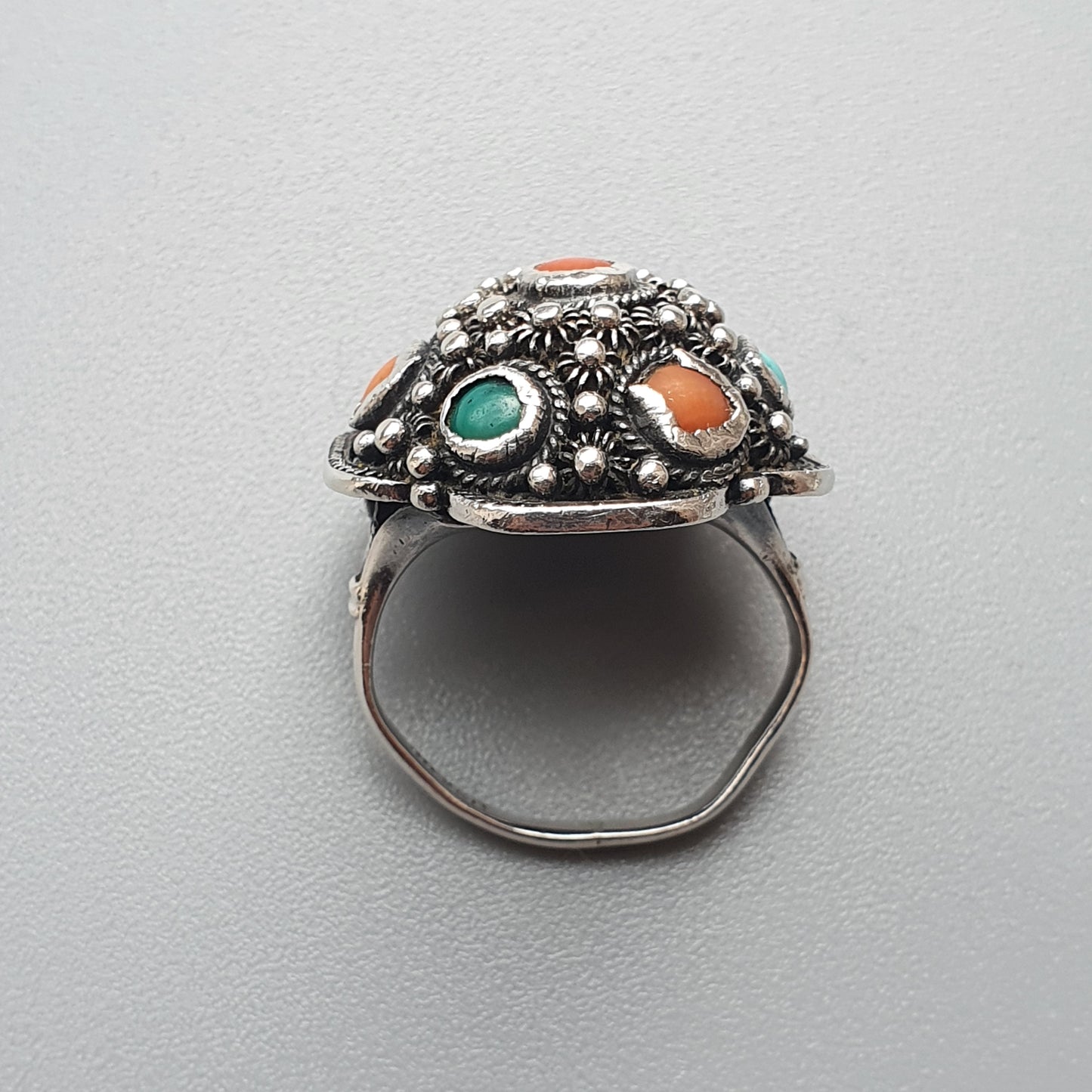 Antique Silver, Turquoise & Coral Silver Cannetille Filigree Ring