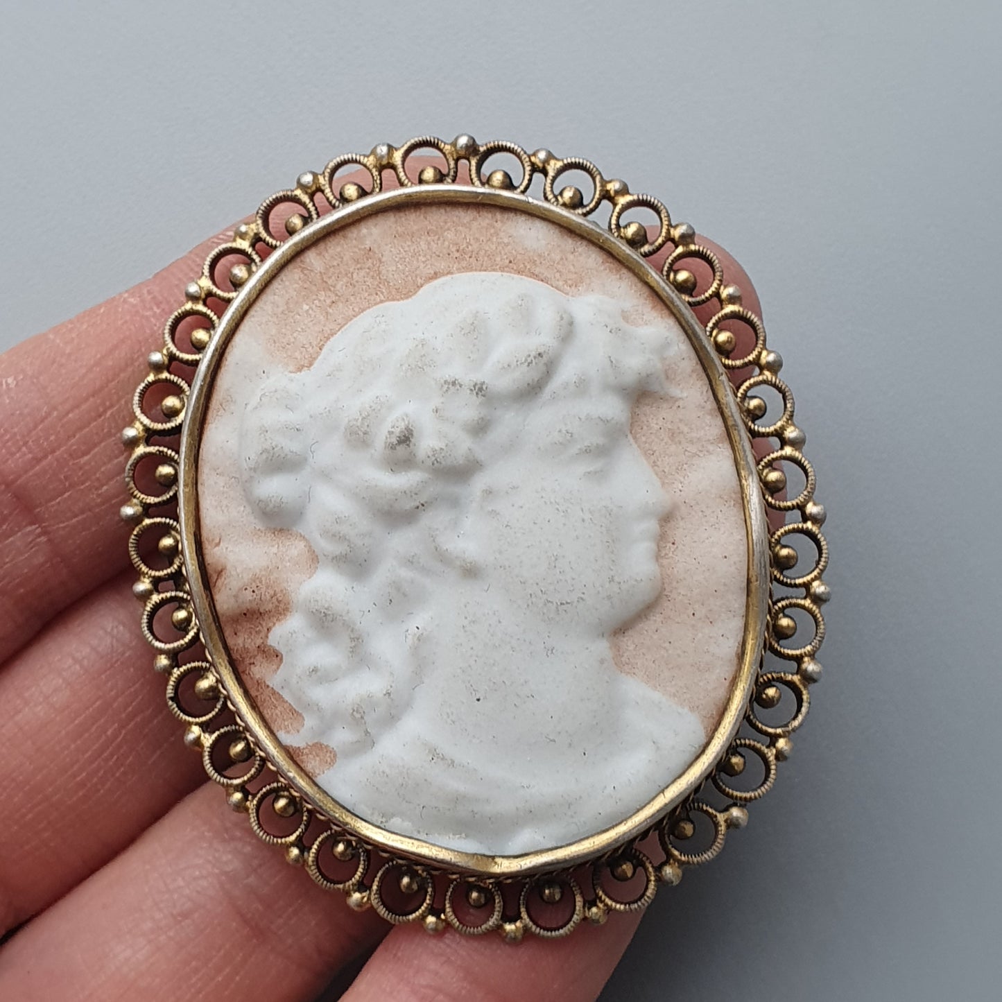 Vintage 1940s Bisque Porcelain Cameo & Silver Brooch - Finnish Hallmarked