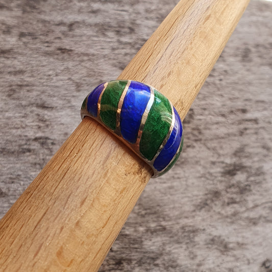 Silver, Green & Blue Enamel Ring